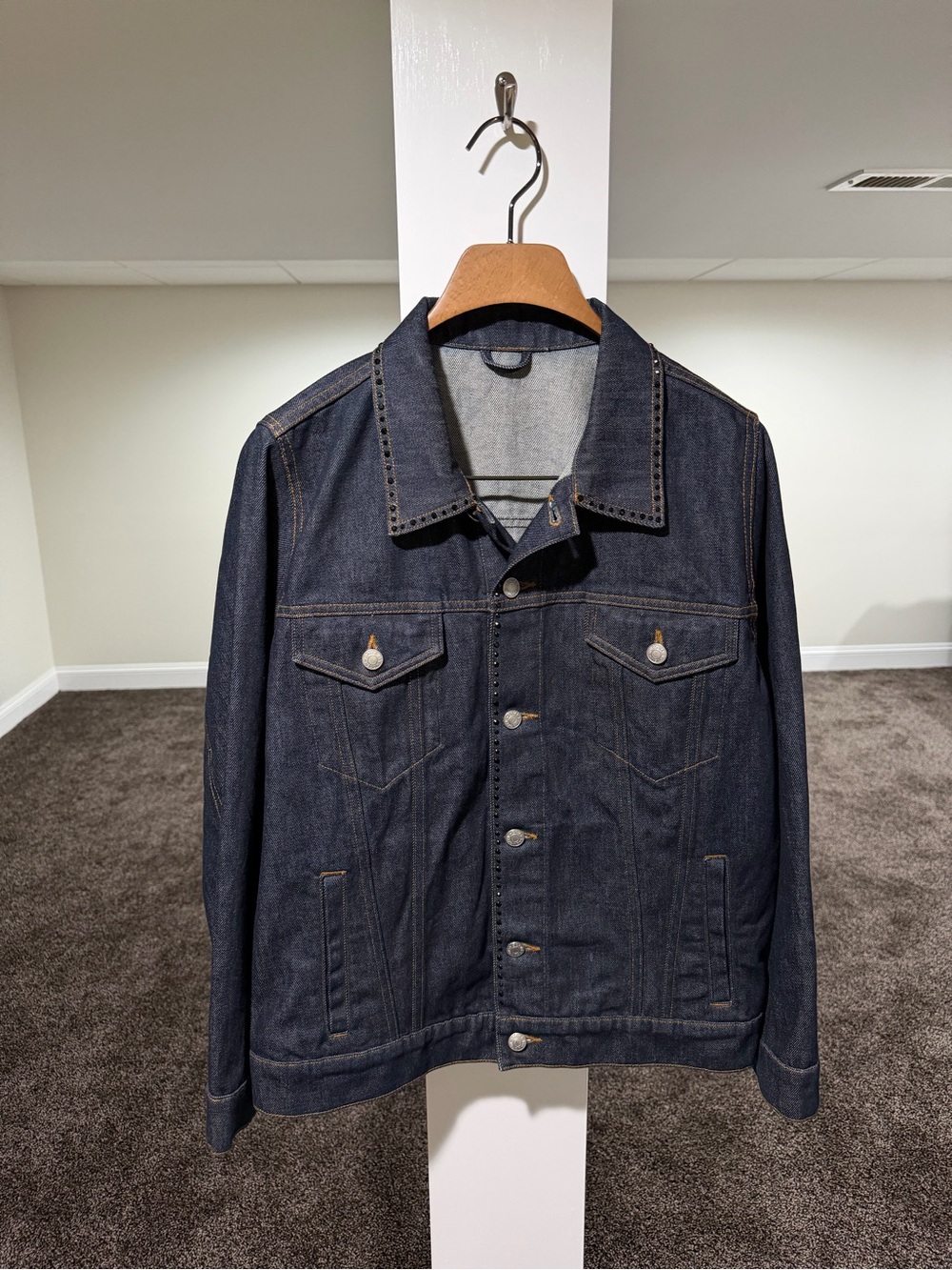 Dries Van Noten Rhinestoned Studded Dark Wash Navy Denim Trucker Jacket